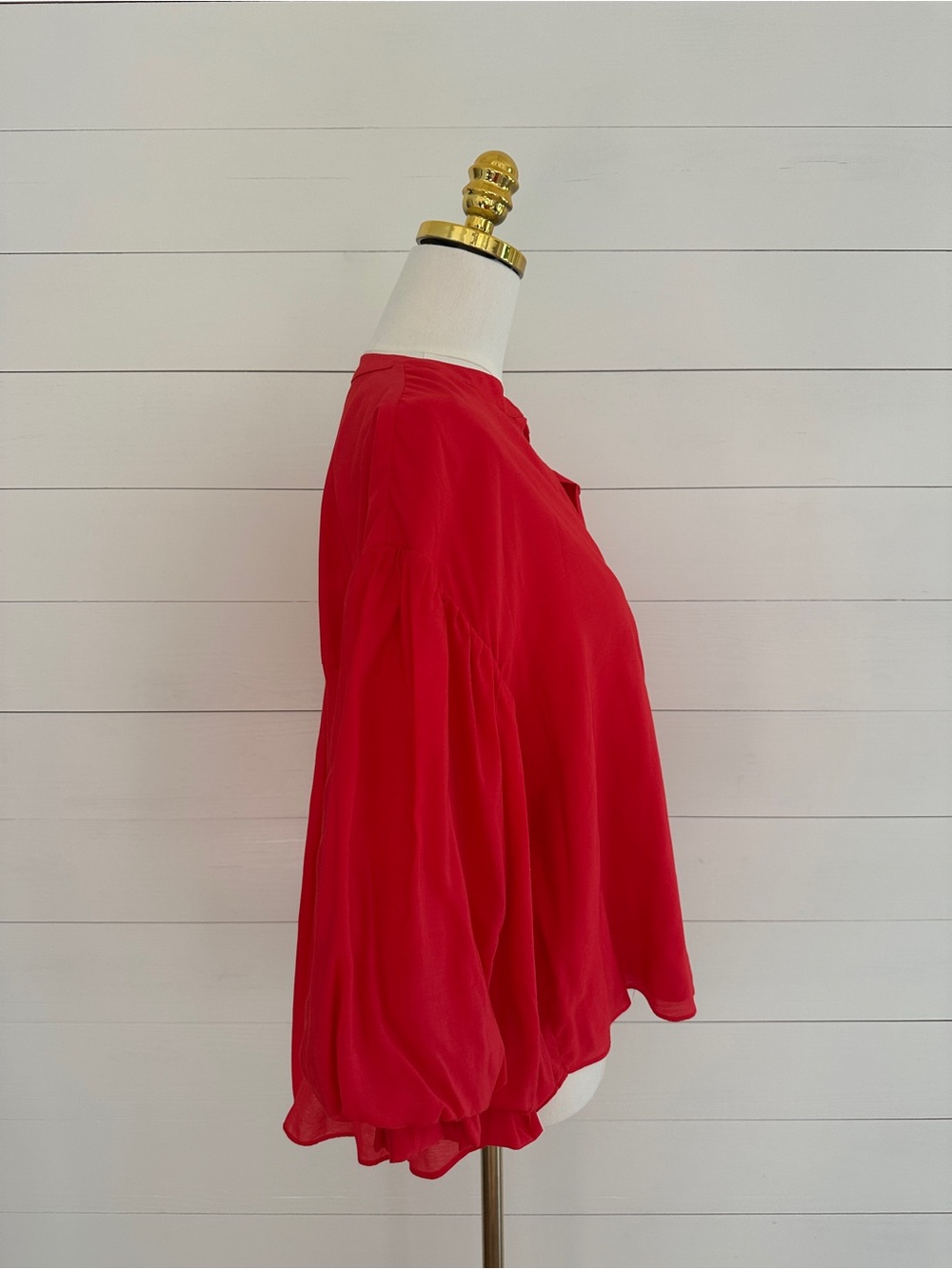 Women’s Red Button-Front Blouse with Billowy Sleeves - Picture 3 of 5
